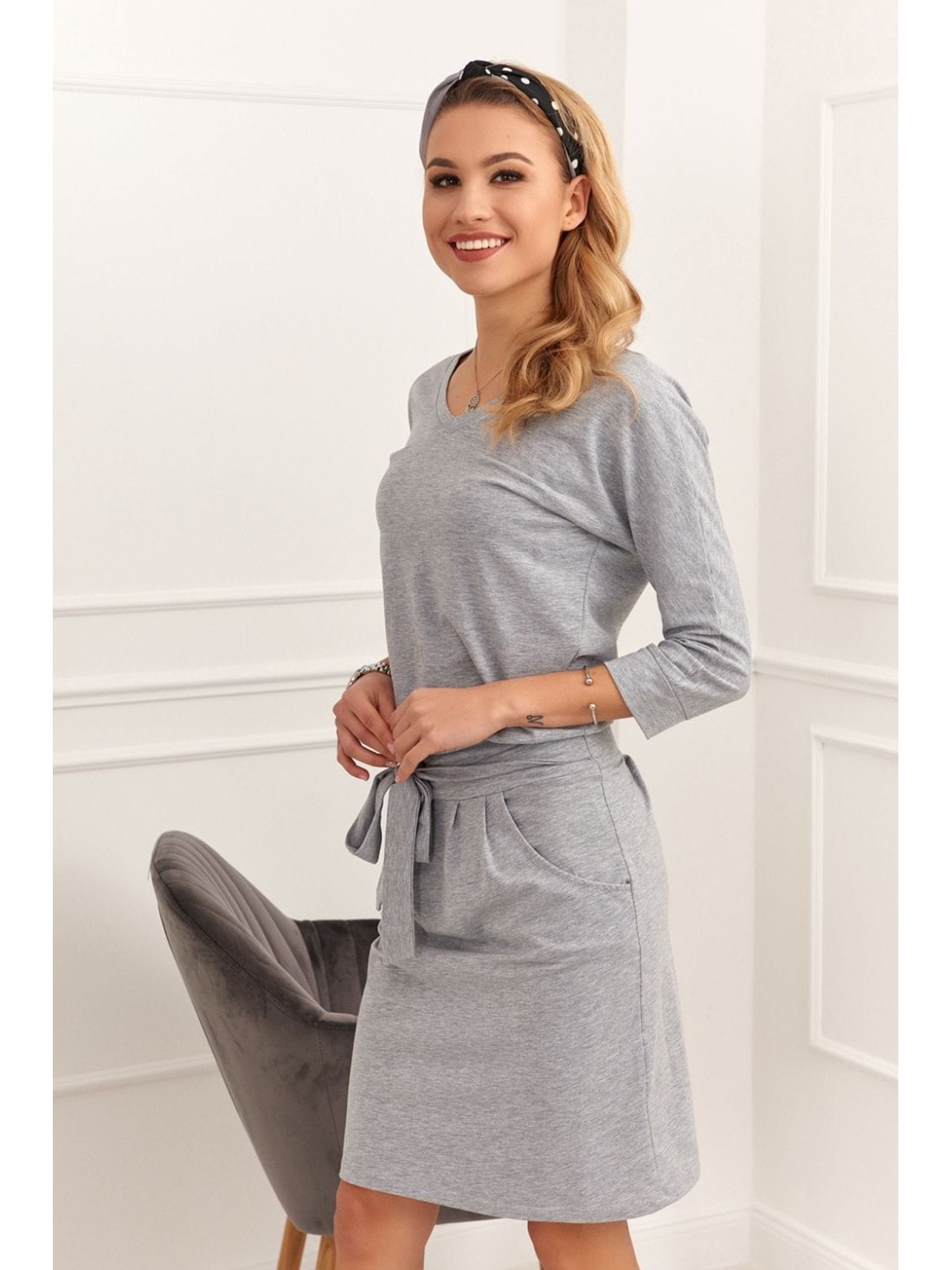 Light gray tie-waist dress 9729 - Online store - Boutique